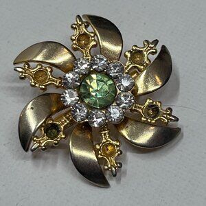 Vintage Flower Brooch - Gold with Clear and Green Rhinestones